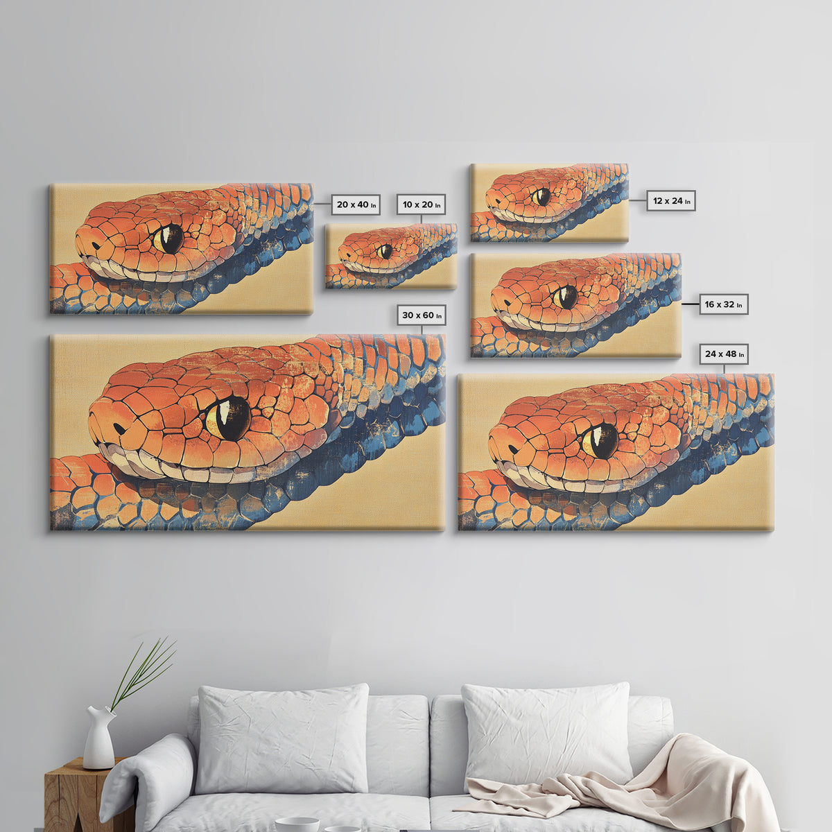 Orange And Blue Snake Closeup Framed Canvas Print, Reptile Wall Art, Wildlife Art, Bold Nature Decor, Masculine Home Decor