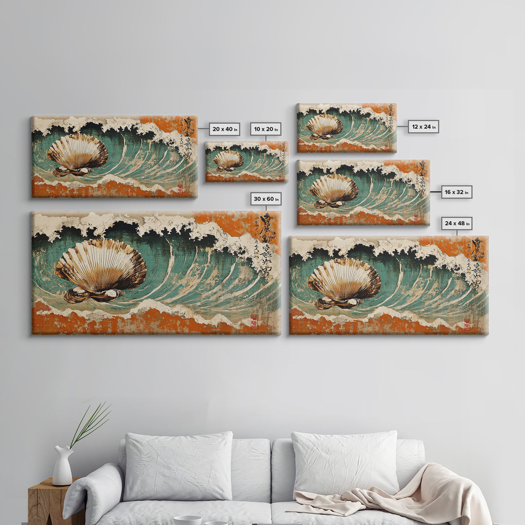 Scallop Shell In Crashing Wave Canvas Print, Japanese Coastal Wall Art, Nautical Ocean Decor, Seashell Art Print, Beach House Decor