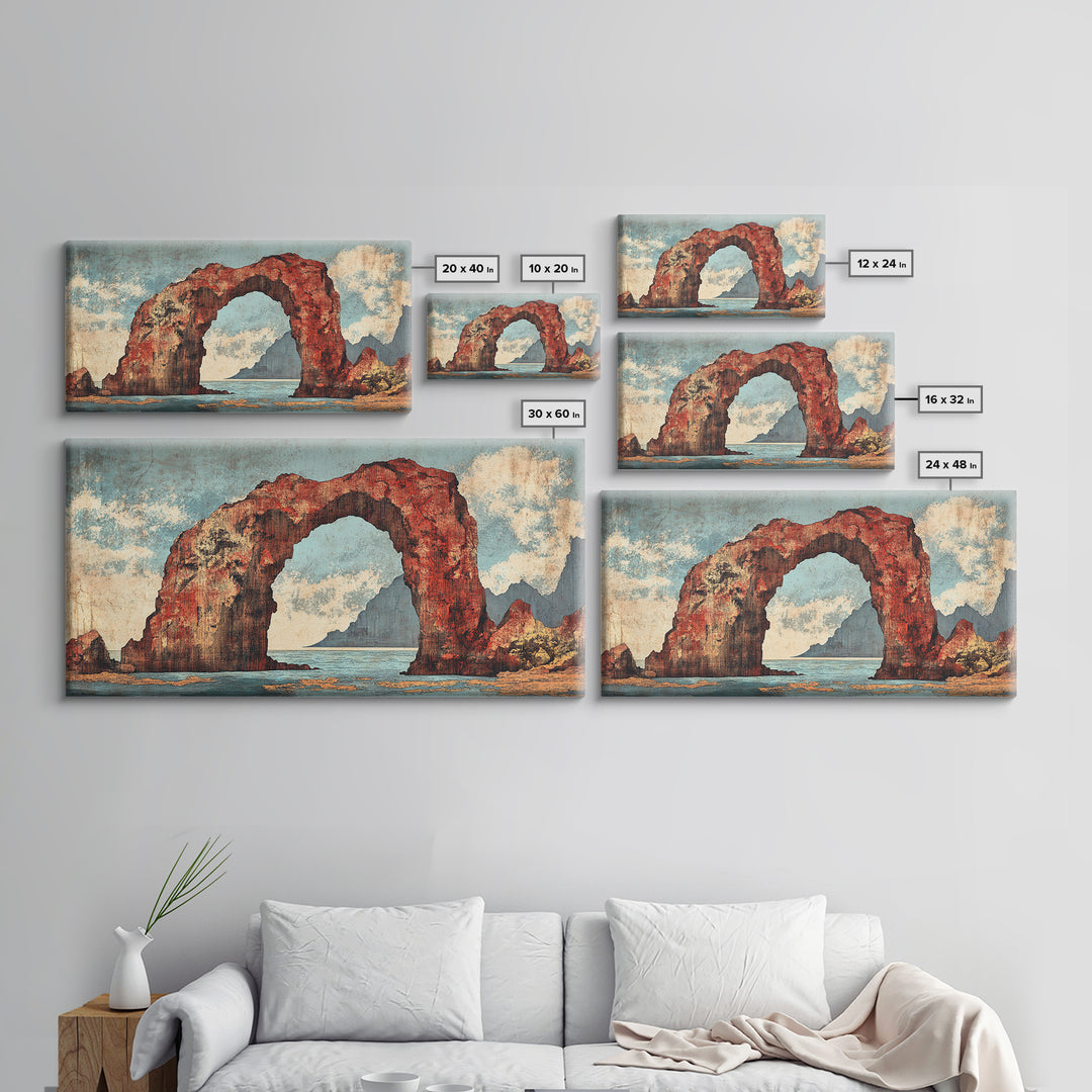 Red Coastal Rock Arch Over Blue Sea Framed Canvas Print, Seascape Wall Art, Ocean Landscape, Beach House Decor, Coastal Decor