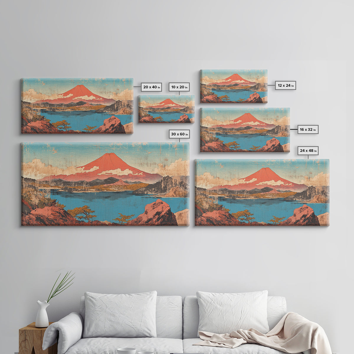 Red Mount Fuji Over Lake Framed Canvas Print, Japanese Wall Art, Landscape Art, Japandi Decor, Nature Wall Art, Home Decor