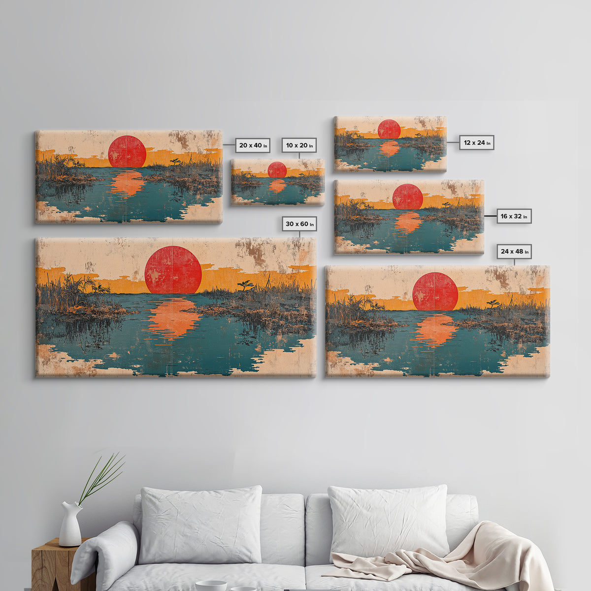 Red Sun Reflected In Marsh Water Canvas Print, Japanese Wall Art, Abstract Landscape, Zen Home Decor, Sunrise Wall Art, Japandi Decor
