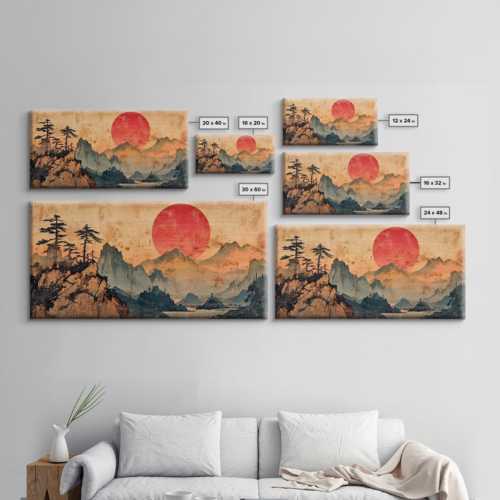 Red Sun Mountain Pines Wall Art, Japanese Landscape Canvas Print, Japandi Zen Home Decor, Asian Inspired Living Room Art