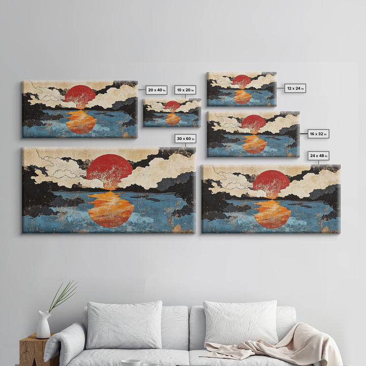 Orange Sun Reflection Seascape Wall Art, Japanese Ocean Canvas Print, Moody Coastal Wall Decor, Abstract Sunset Art Print