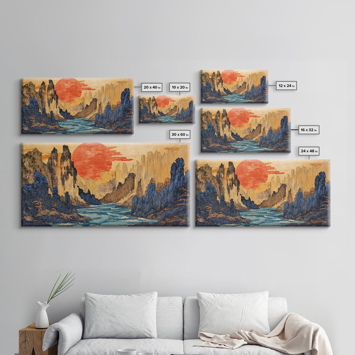 Red Sun Canyon River Wall Art, Japanese Landscape Canvas Print, Modern Japandi Decor, Dramatic Mountain Living Room Art Print