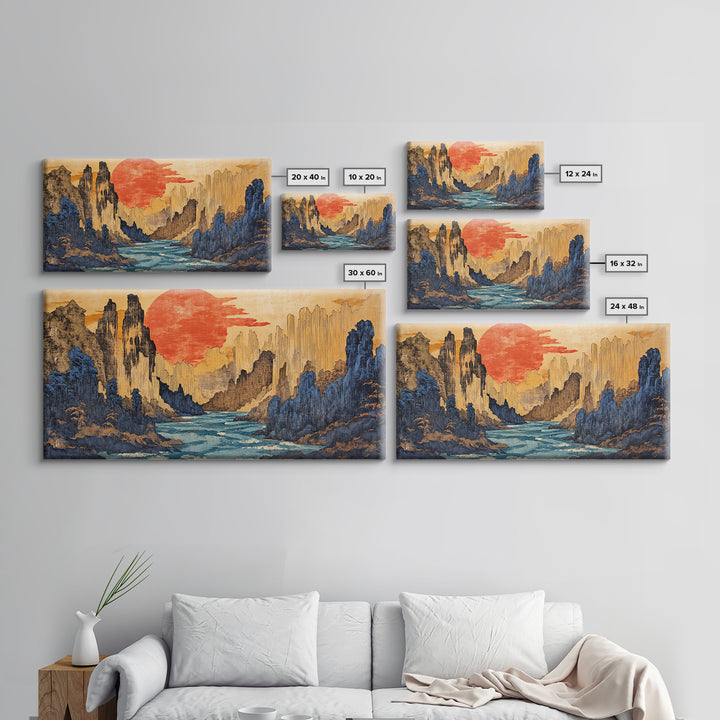 Red Sun Canyon River Wall Art, Japanese Landscape Canvas Print, Modern Japandi Decor, Dramatic Mountain Living Room Art Print
