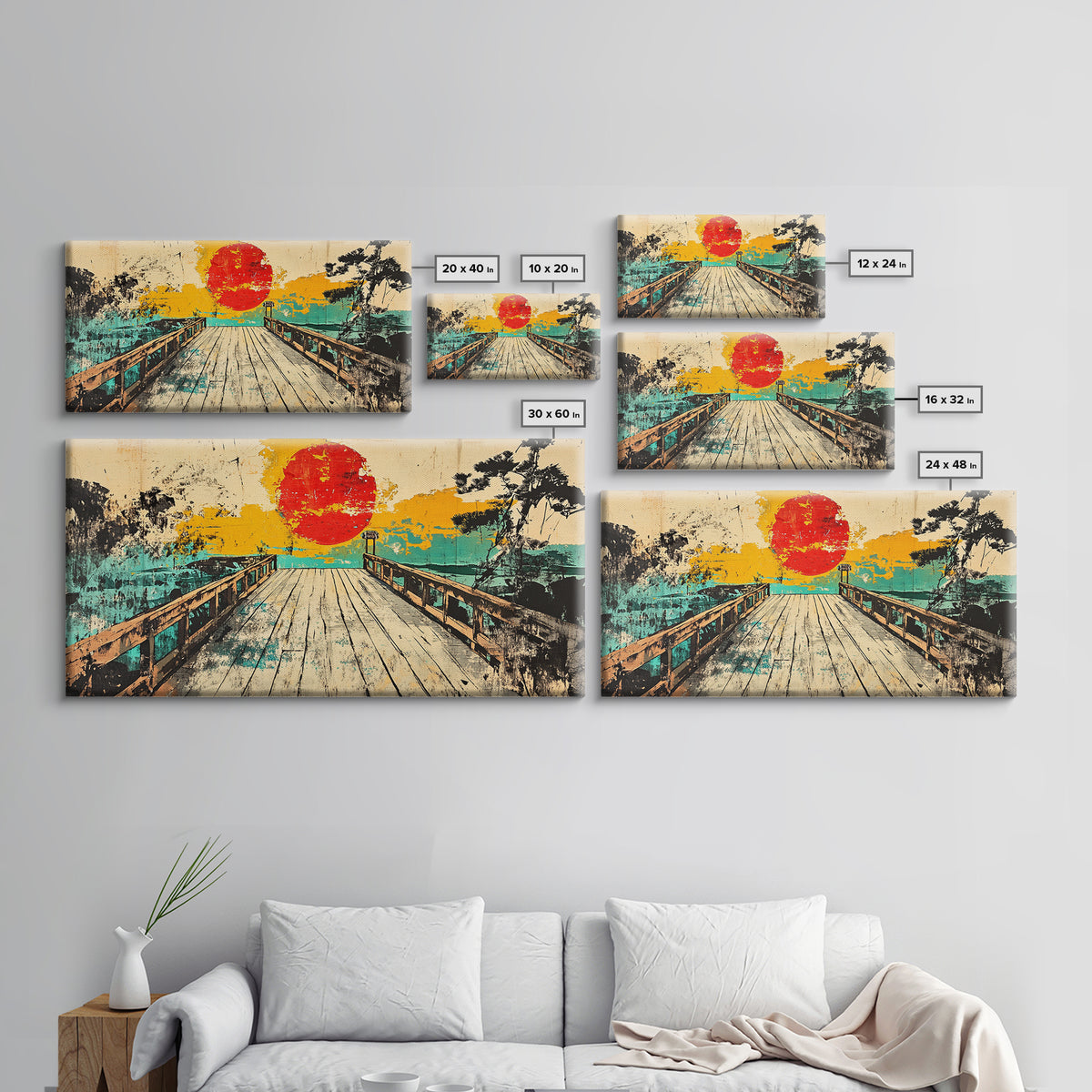 Sunset Pier Lake Wall Art, Japanese Landscape Canvas Print, Turquoise Coastal Decor, Retro Travel Poster For Living Room
