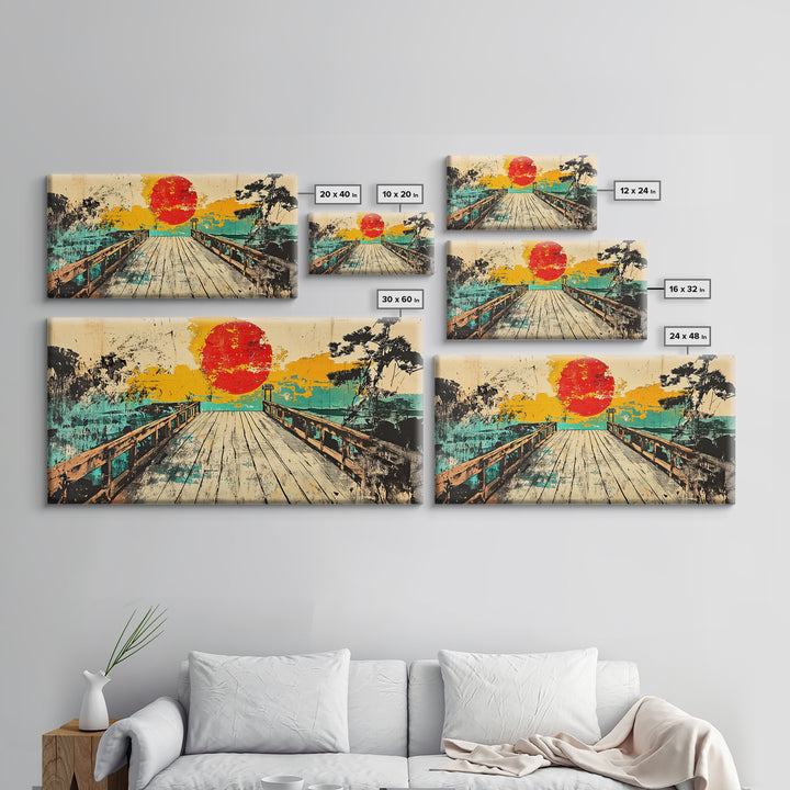 Sunset Pier Lake Wall Art, Japanese Landscape Canvas Print, Turquoise Coastal Decor, Retro Travel Poster For Living Room