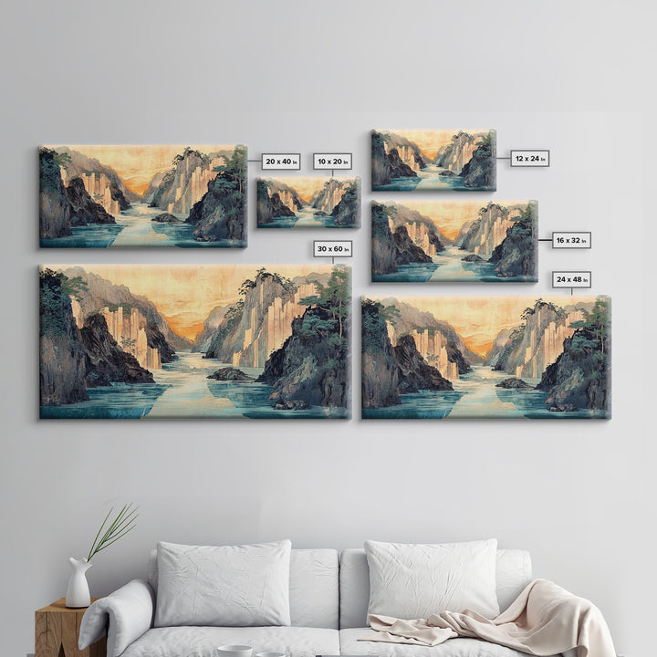 Misty Canyon River Wall Art, Japanese Landscape Canvas Print, Serene Mountain Decor, Panoramic Living Room Wall Art Print