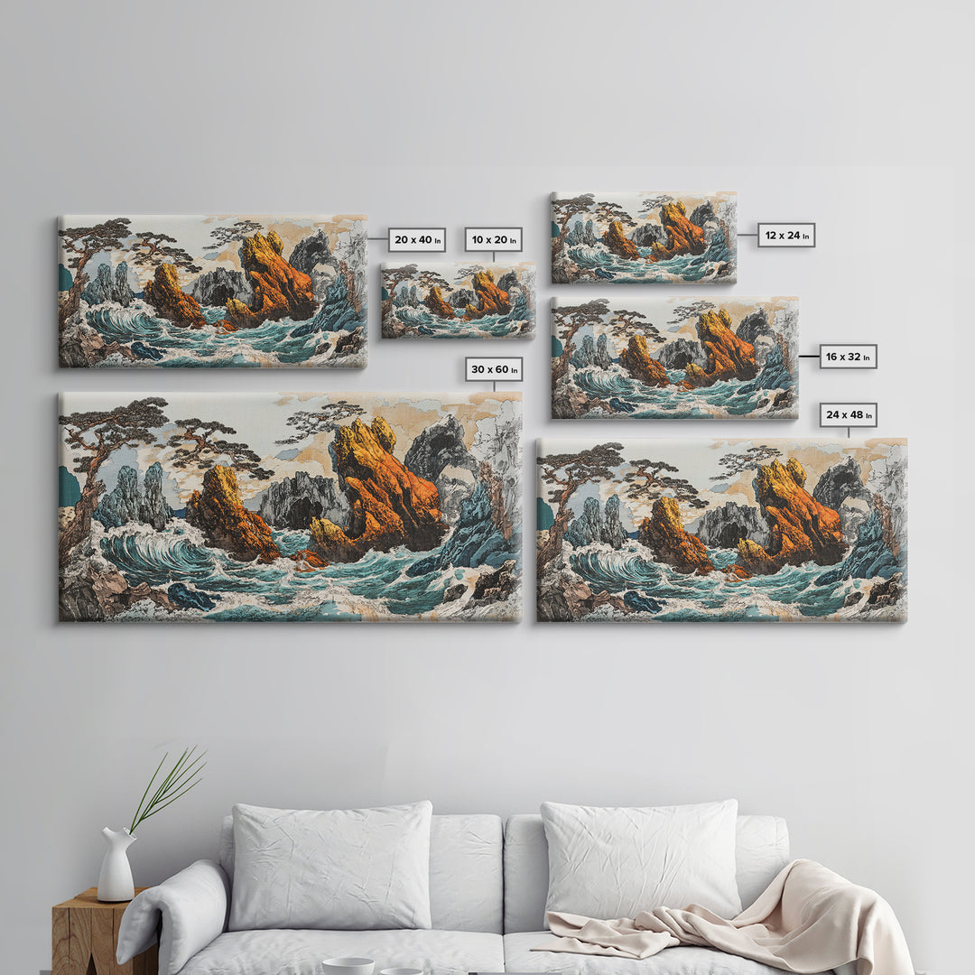 Dramatic Rocky Ocean Waves Framed Canvas Print, Japanese Seascape Wall Art, Coastal Landscape, Nautical Living Room Decor