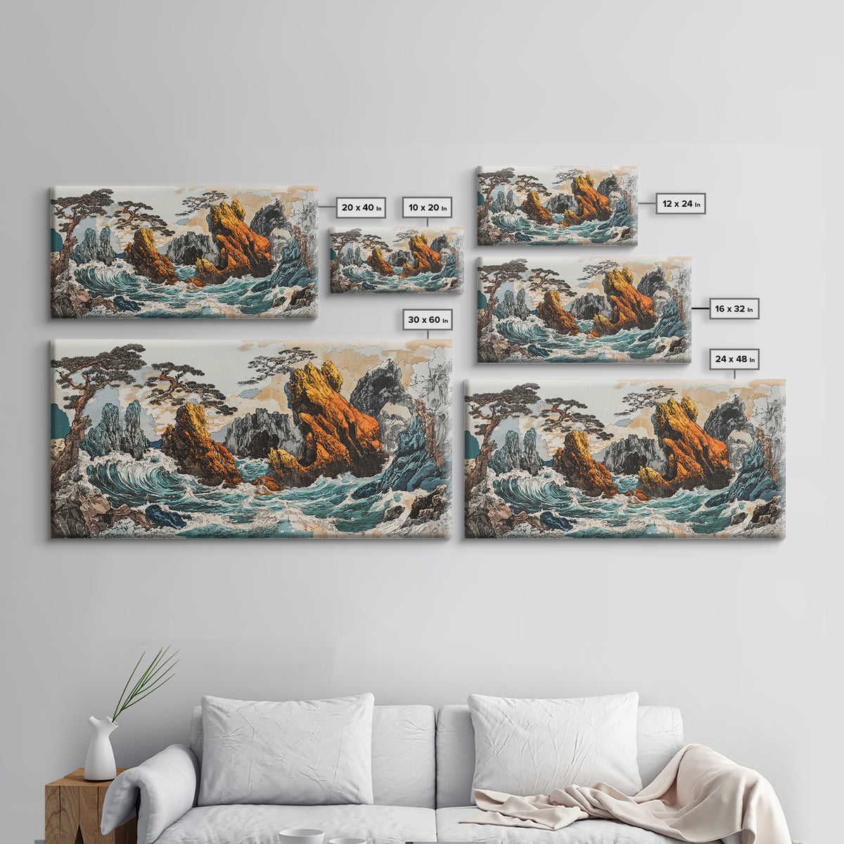 Dramatic Rocky Ocean Waves Framed Canvas Print, Japanese Seascape Wall Art, Coastal Landscape, Nautical Living Room Decor