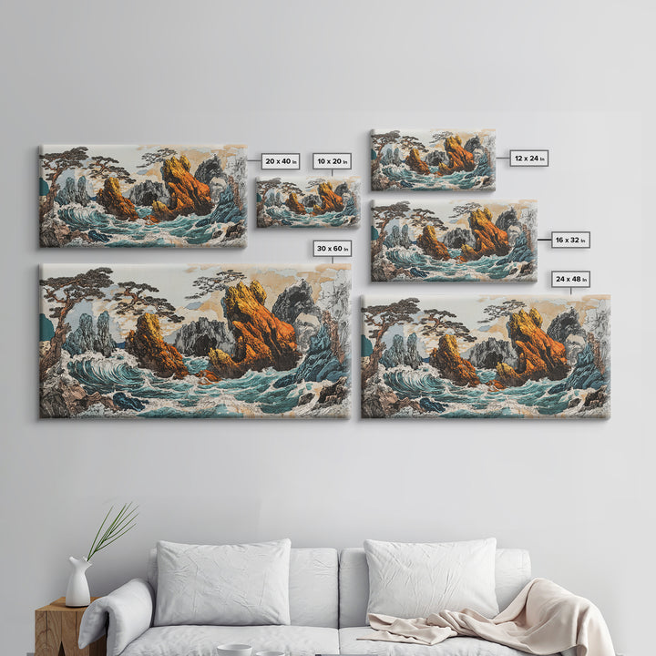 Dramatic Rocky Ocean Waves Framed Canvas Print, Japanese Seascape Wall Art, Coastal Landscape, Nautical Living Room Decor