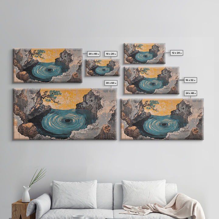 Mystic Ocean Whirlpool Cave Framed Canvas Print, Japanese Seascape Wall Art, Moody Coastal Decor, Fantasy Landscape Art Print