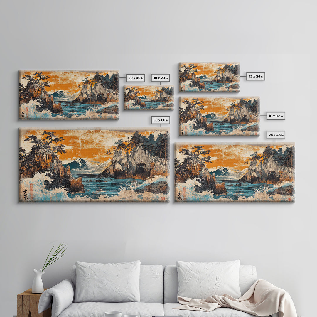 Mt Fuji Cliffs And Crashing Waves Framed Canvas Print, Japanese Wall Art, Coastal Landscape, Orange Sunset Living Room Decor