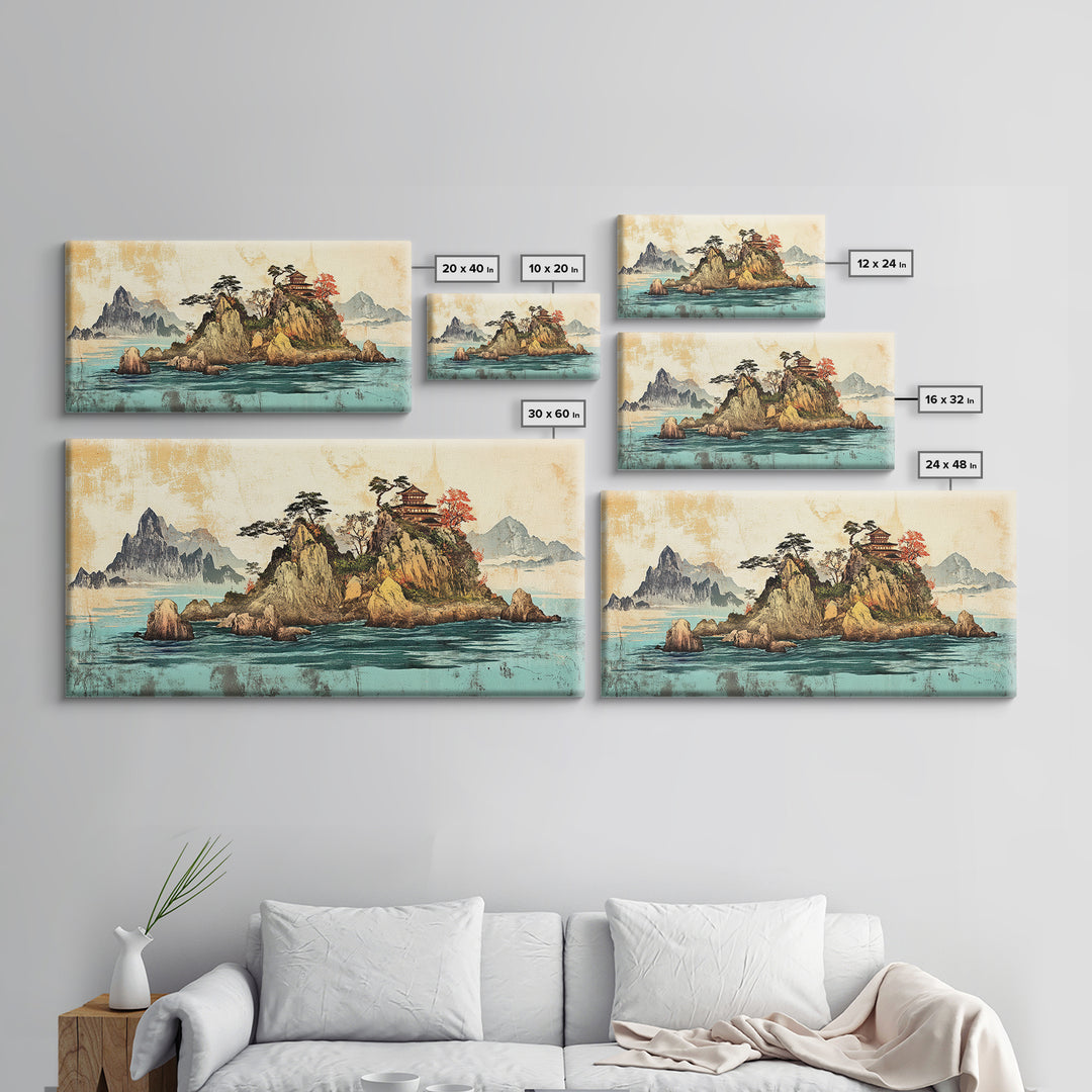 Island Pagoda And Mountain Sea Framed Canvas Print, Japanese Wall Art, Coastal Landscape, Zen Home Decor For Living Room
