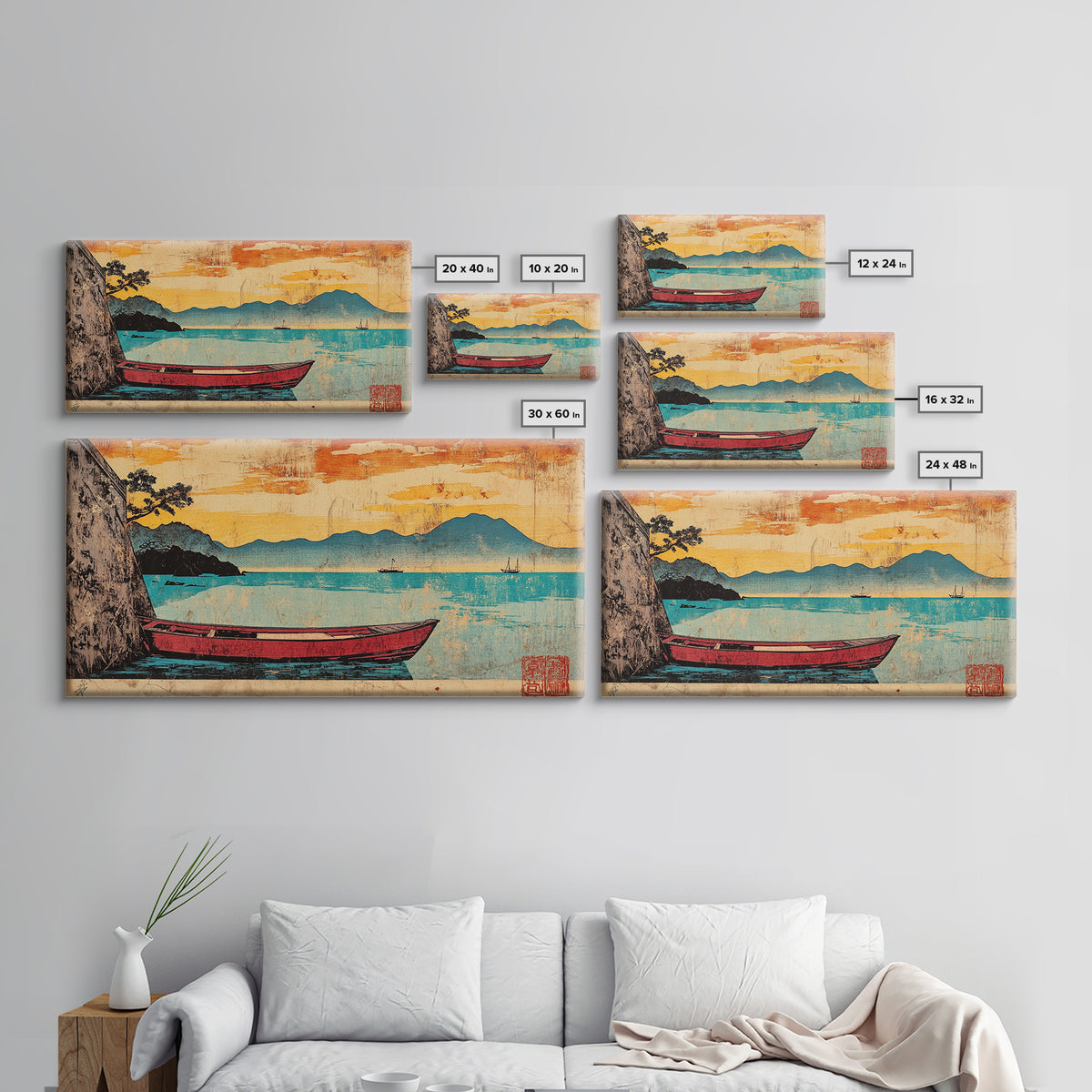 Red Boat On Turquoise Lake Framed Canvas Print, Japanese Landscape Wall Art, Orange Sunset Decor, Coastal Living Room Art