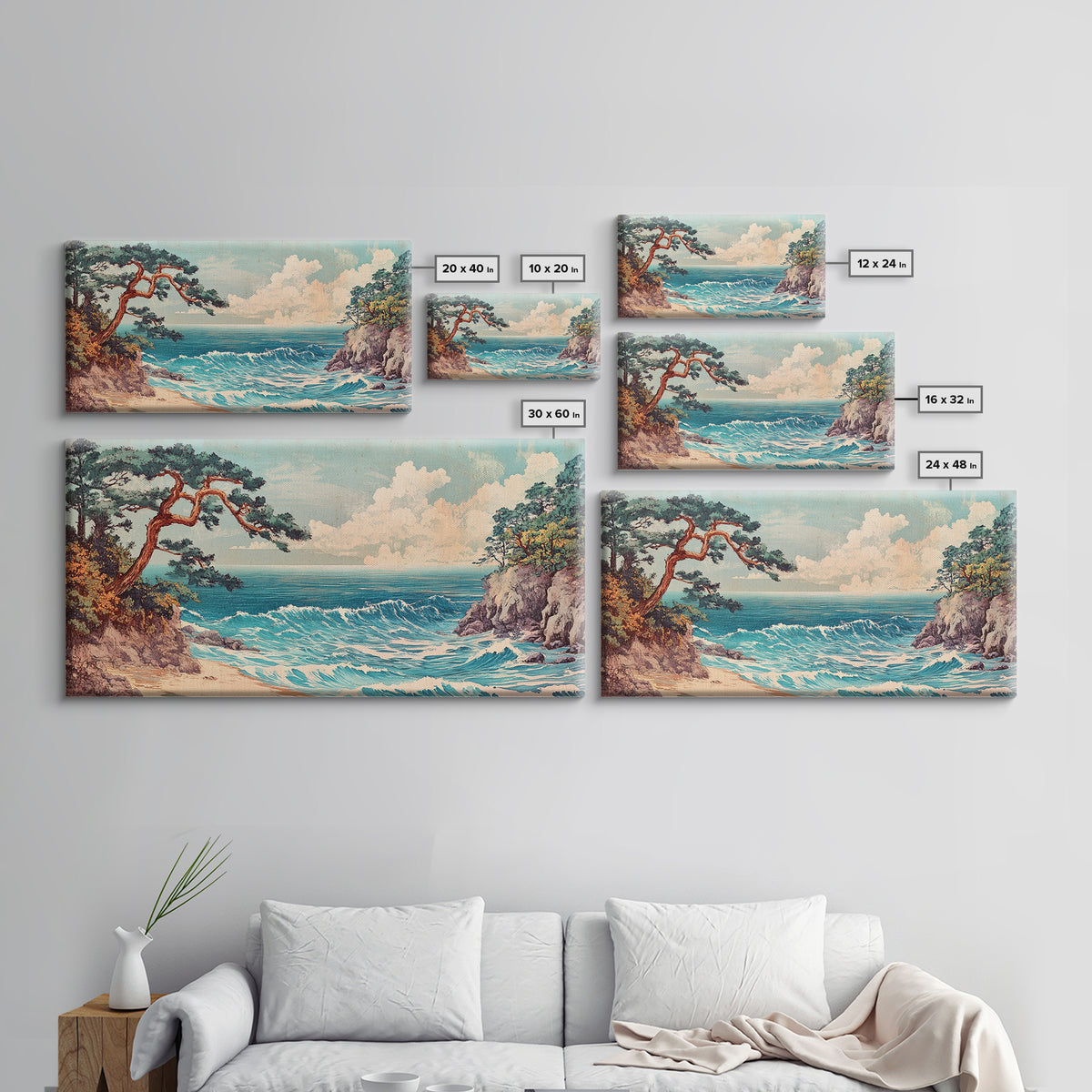 Pine Tree Coastal Cove Canvas Print, Japanese Seascape Wall Art, Ocean Waves, Beach House Decor, Calming Living Room Art