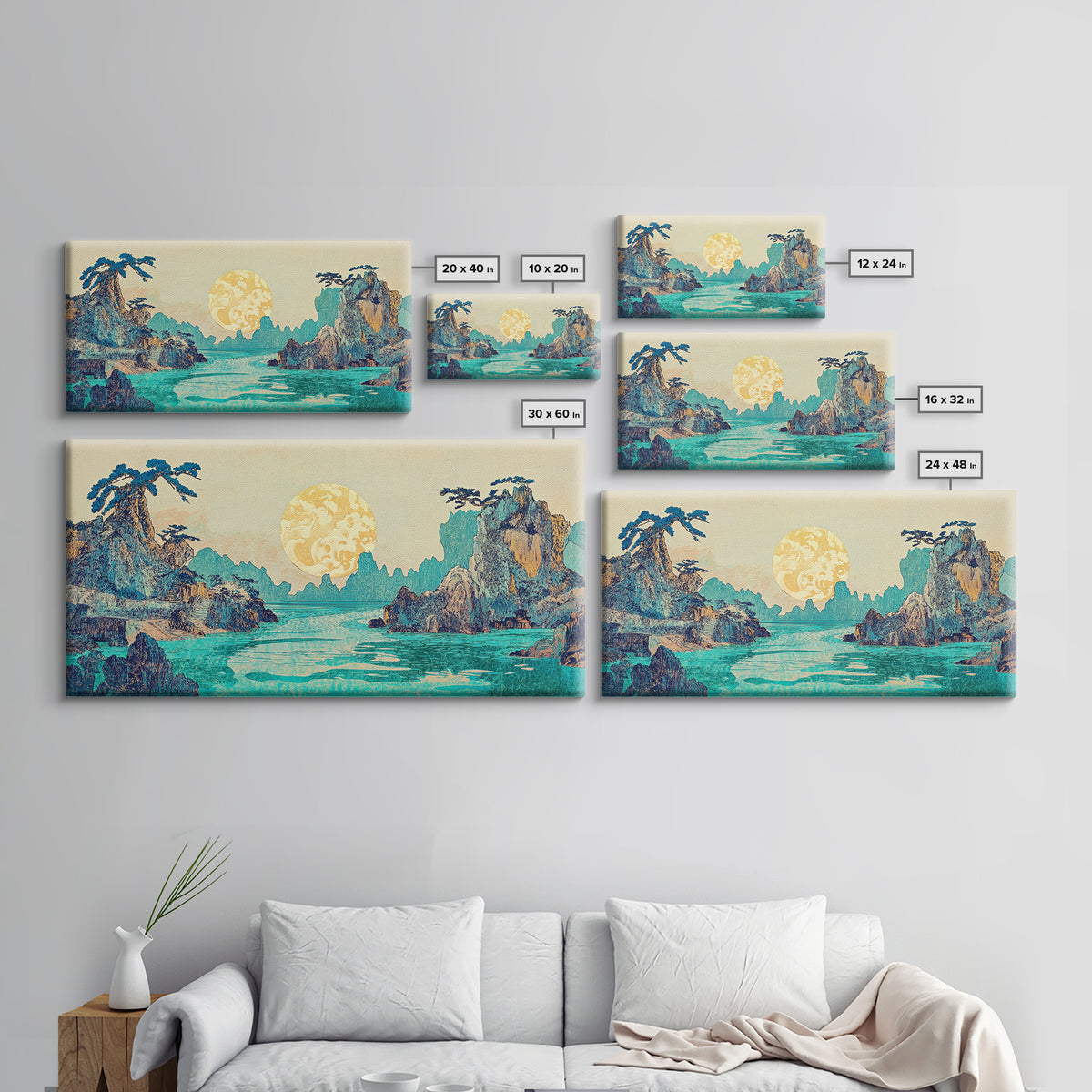 Golden Moon Tropical Seascape Framed Canvas Print, Japanese Wall Art, Coastal Landscape, Celestial Ocean Living Room Decor