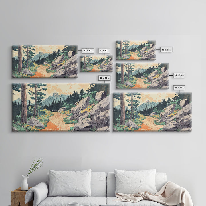 Mountain Forest Trail Framed Canvas Print, Japanese Landscape Wall Art, Pine Tree Nature Decor, Rustic Living Room Art Print