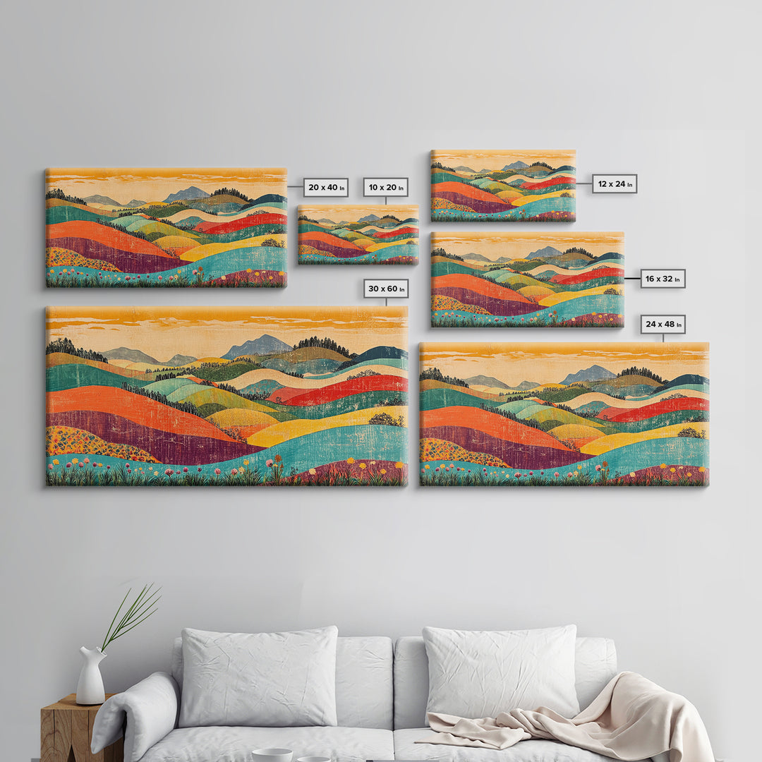 Colorful Rolling Hills And Wildflower Valley Wall Art, Modern Landscape Art Print, Boho Living Room Decor, Housewarming Gift