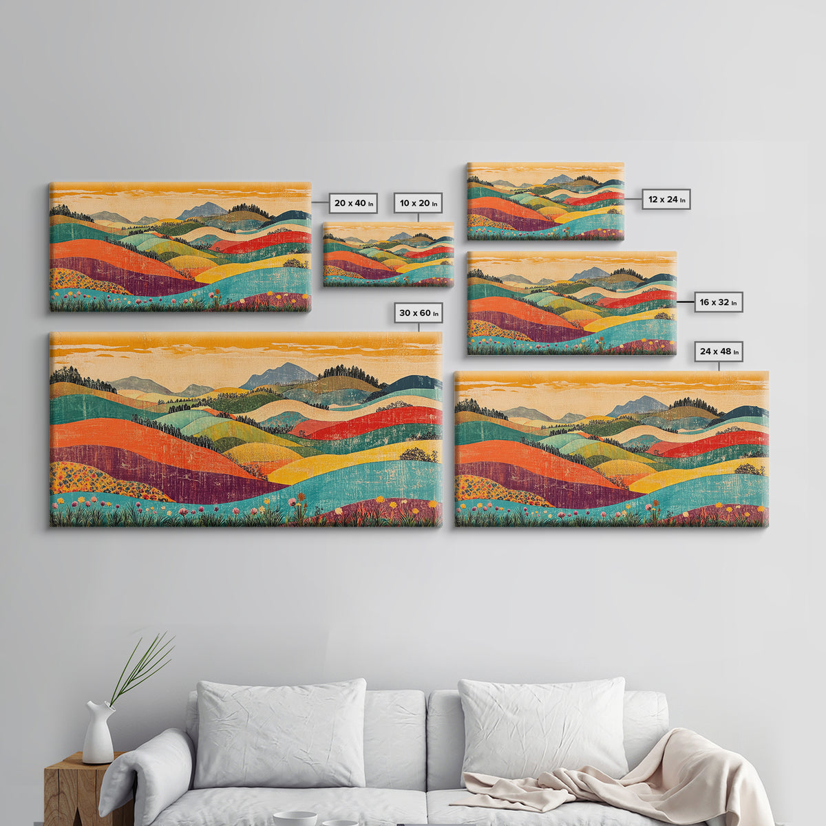 Colorful Rolling Hills And Wildflower Valley Wall Art, Modern Landscape Art Print, Boho Living Room Decor, Housewarming Gift