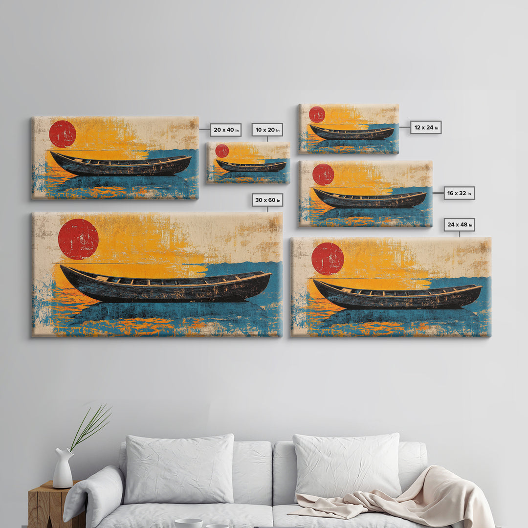 Black Canoe Red Sun Canvas Print, Minimalist Coastal Wall Art, Japanese Nautical Decor, Beach House Ocean Living Room Print