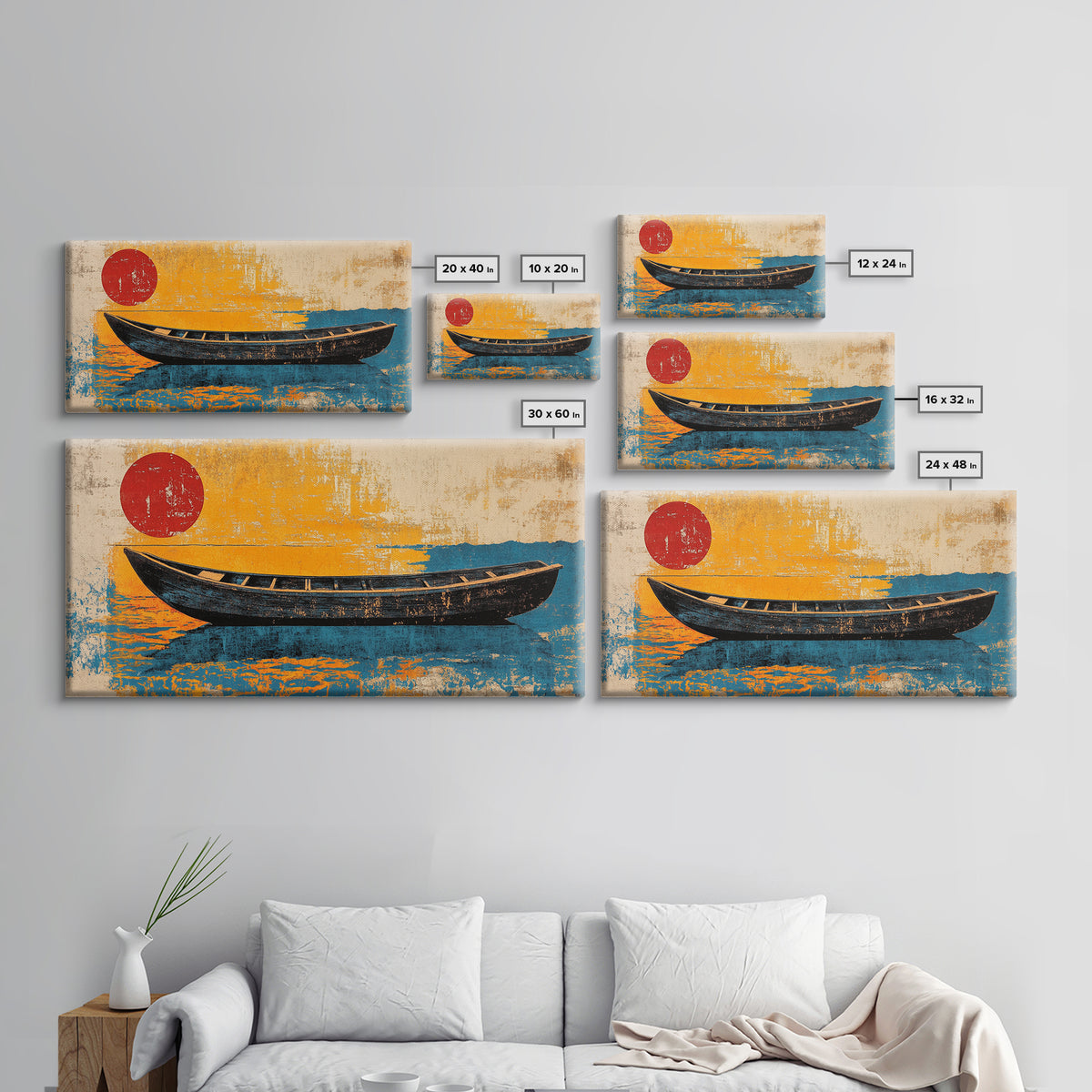 Black Canoe Red Sun Canvas Print, Minimalist Coastal Wall Art, Japanese Nautical Decor, Beach House Ocean Living Room Print