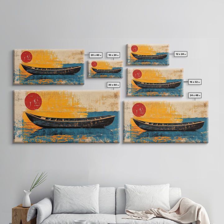 Black Canoe Red Sun Canvas Print, Minimalist Coastal Wall Art, Japanese Nautical Decor, Beach House Ocean Living Room Print