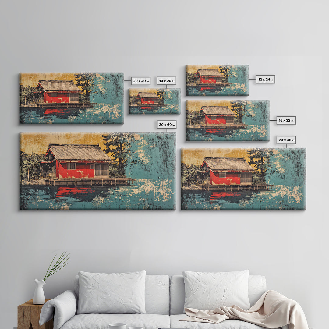 Red Lakeside Japanese House And Reflection Wall Art, Tranquil Water Canvas Print, Japandi Decor, Asian Inspired Living Room Art