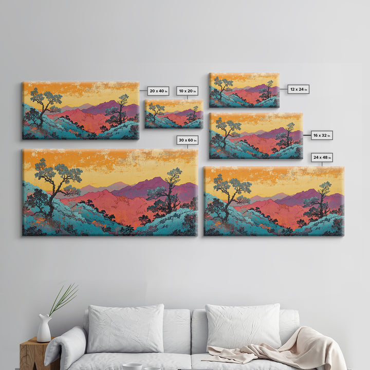 Teal And Purple Mountain Sunset Wall Art, Colorful Landscape Canvas, Southwestern Decor, Large Living Room Art Print, Housewarming Gift