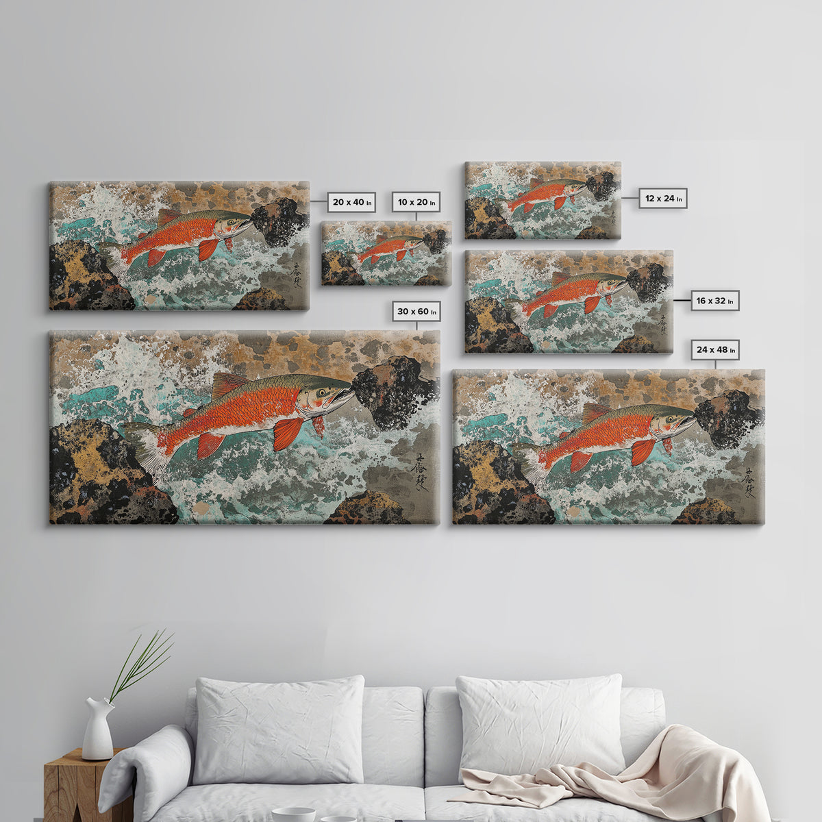 Red River Fish Among Rocks Framed Canvas Print, Japanese Gyotaku Wall Art, Nautical Wildlife Decor, Angler Lake House Gift