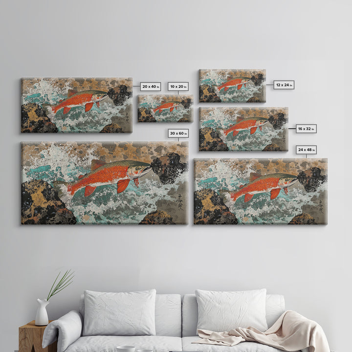 Red River Fish Among Rocks Framed Canvas Print, Japanese Gyotaku Wall Art, Nautical Wildlife Decor, Angler Lake House Gift