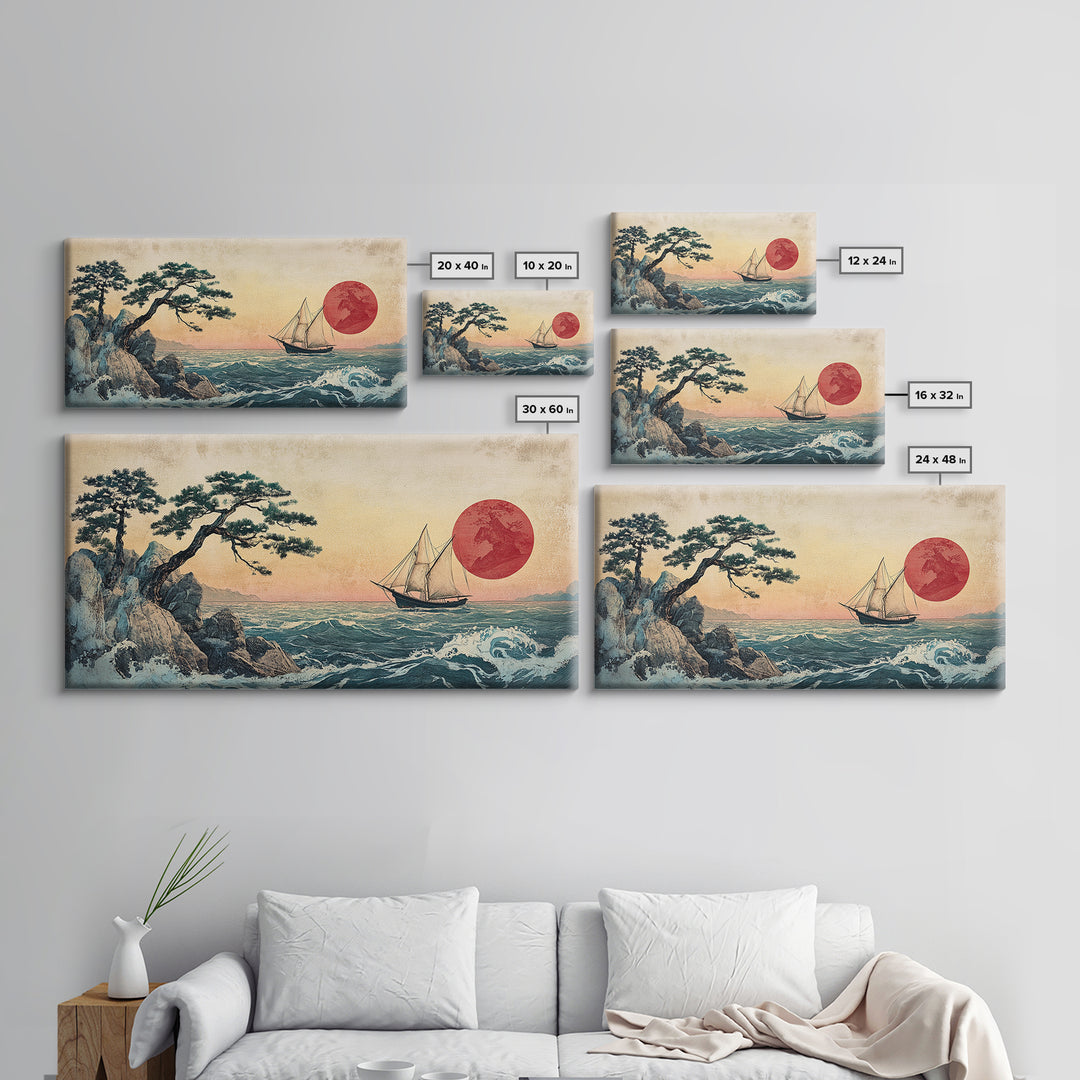 Japanese Sailboat And Red Sun Canvas Print, Coastal Wall Art, Ukiyo E Style Ocean Decor, Asian Inspired Art, Home Decor, Travel Poster