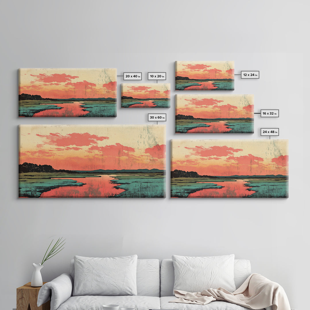 Coral Sunset Marsh Landscape Wall Art, Abstract Landscape Print, Teal Living Room Decor, Modern Coastal Home Decor, Large Wall Art
