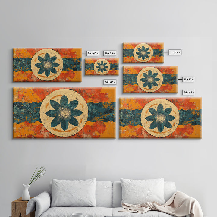 Teal Lotus Flower Circle Wall Art, Retro Abstract Canvas Print, Mid Century Modern Decor, Orange Blue Zen Home Decor, Statement Artwork