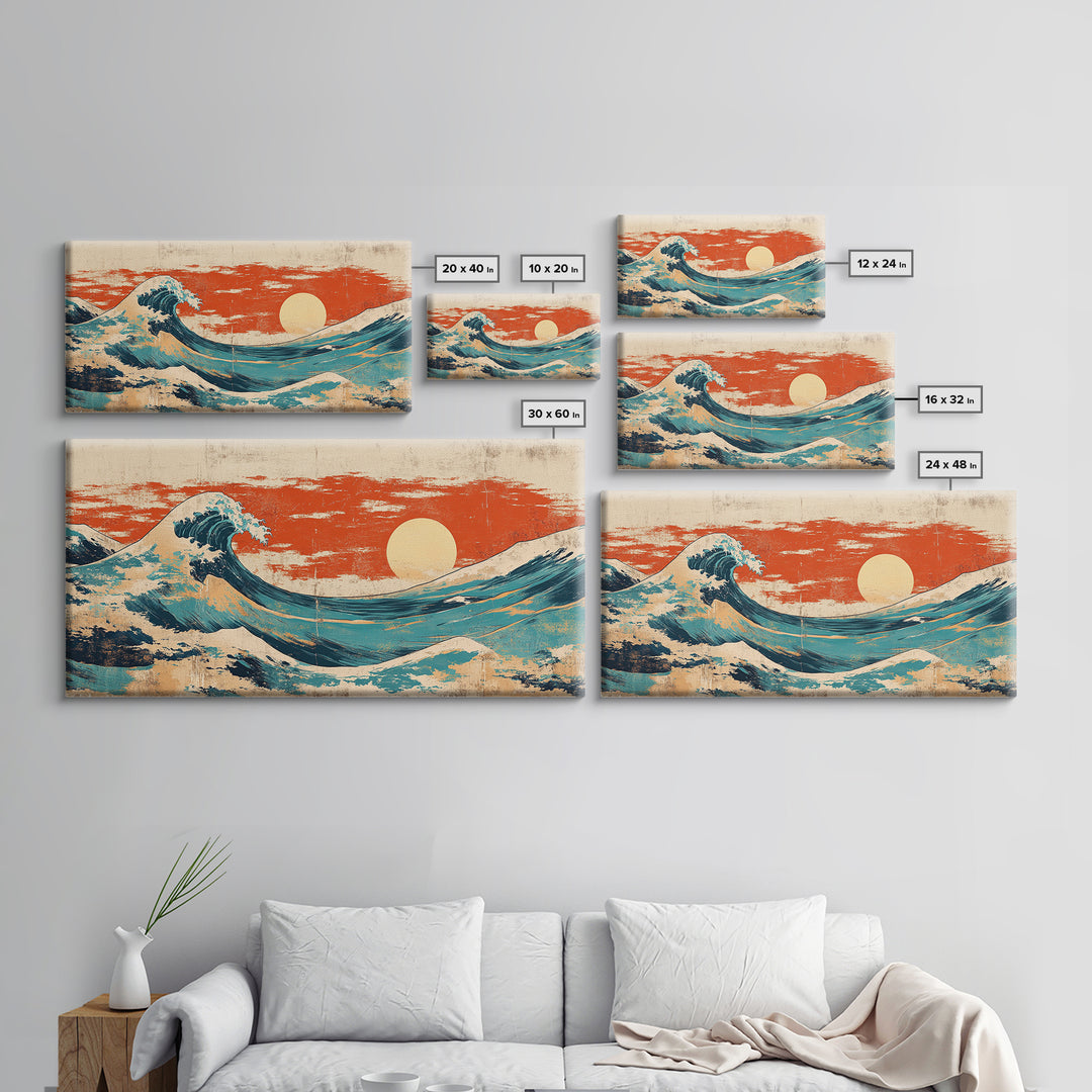 Japanese Great Wave Canvas Print, Red Sunset Ocean Wall Art, Ukiyo E Inspired Seascape, Coastal Living Room Decor, Home Decor
