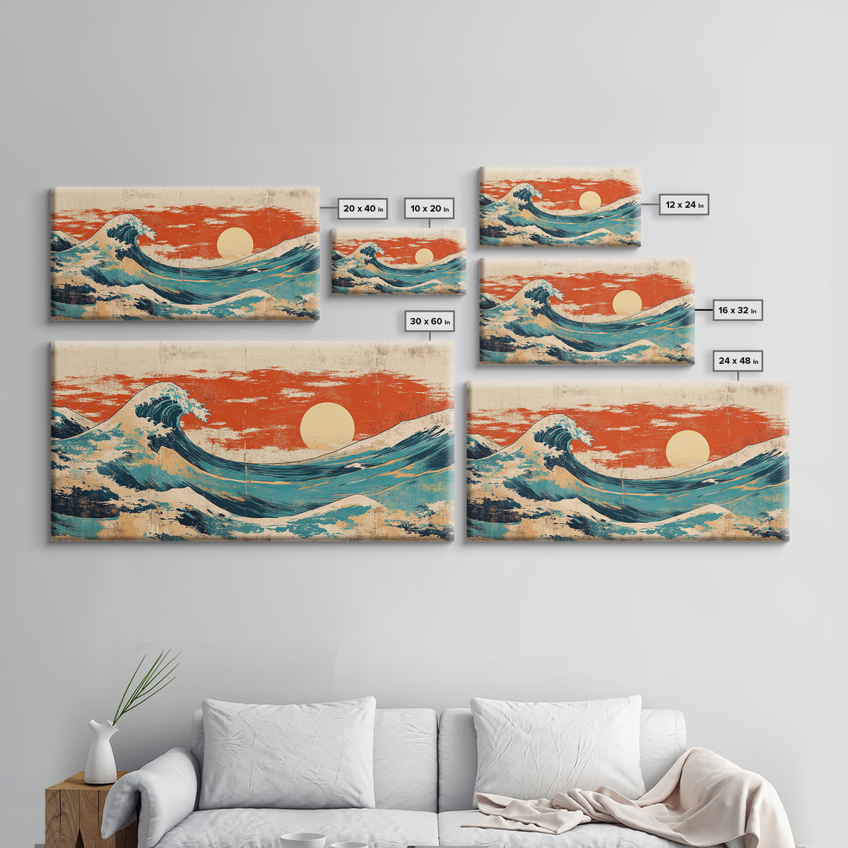 Japanese Great Wave Canvas Print, Red Sunset Ocean Wall Art, Ukiyo E Inspired Seascape, Coastal Living Room Decor, Home Decor