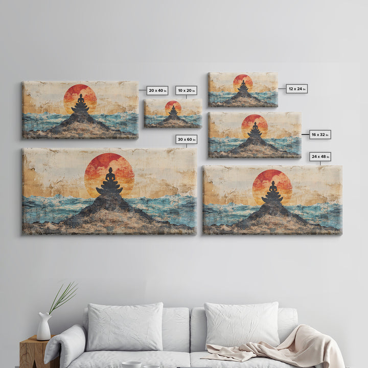 Buddha Meditation On Ocean Rocks Wall Art, Zen Canvas Print, Spiritual Decor, Mindfulness Art, Yoga Room Wall Decor, Calming Wall Art