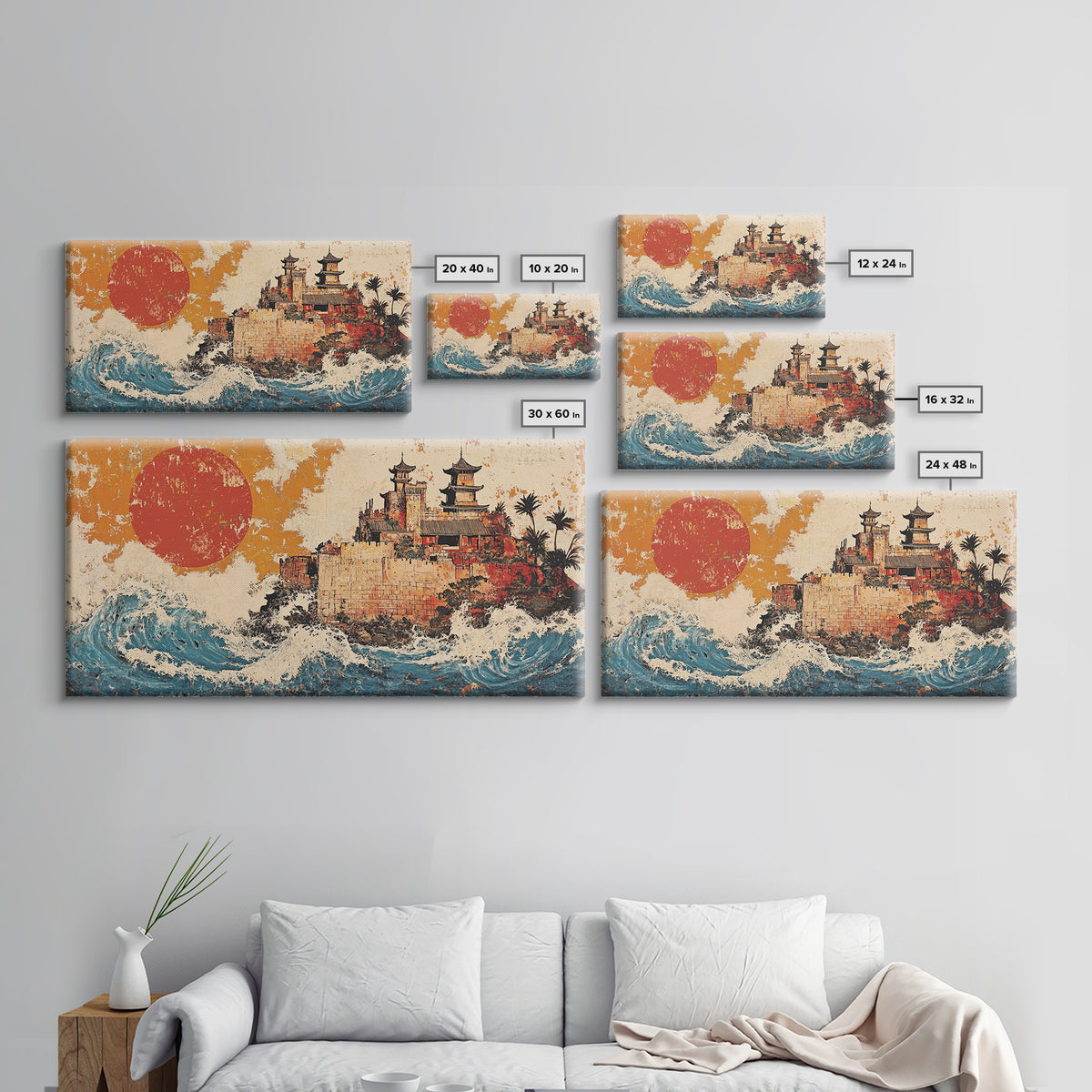 Asian Coastal Castle With Red Sun Canvas Print, Japanese Wall Art, Ocean Waves, Travel Poster, Statement Home Decor, Large Wall Art
