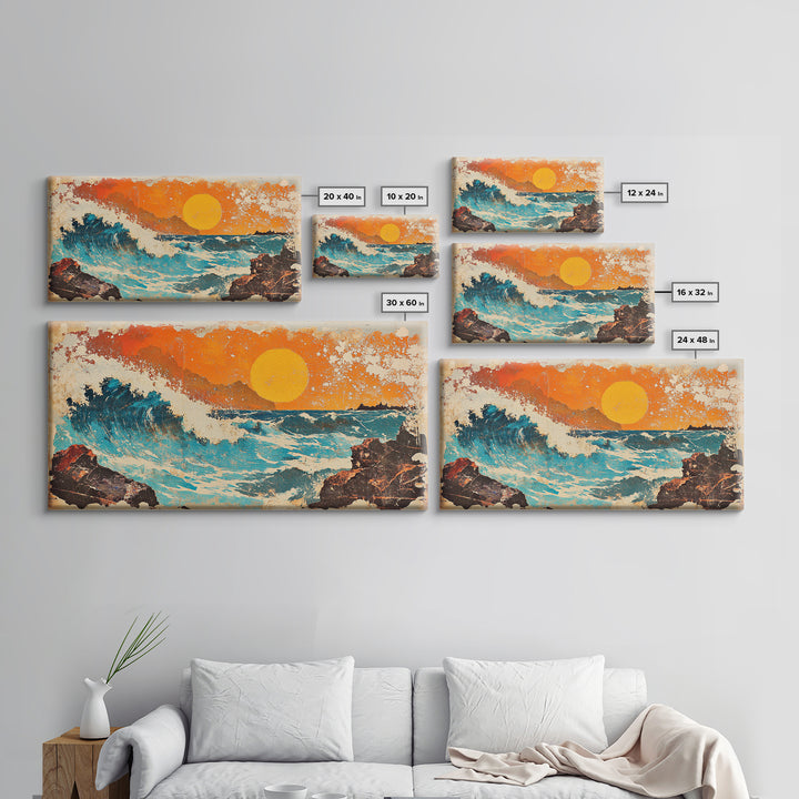 Rocky Ocean Sunset Wave Wall Art, Abstract Seascape Canvas Print, Coastal Living Room Decor, Beach House Home Decor, Large Wall Art