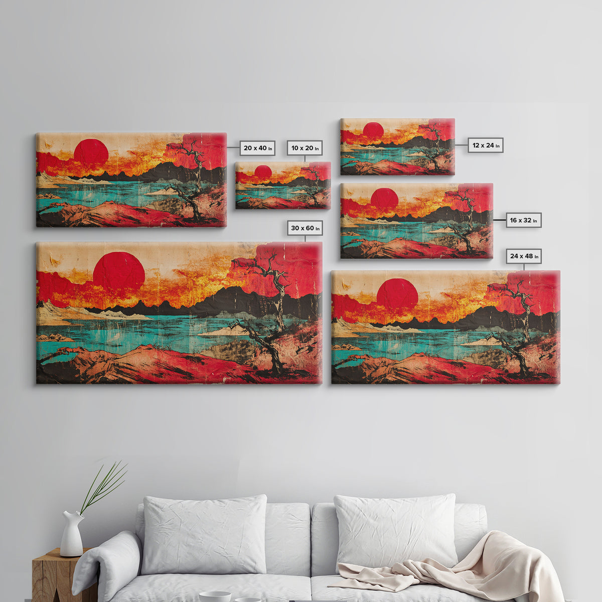 Red Sun Mountain Lake Wall Art, Japanese Sunset Landscape Canvas Print, Bold Desert Decor, Modern Living Room Statement Art