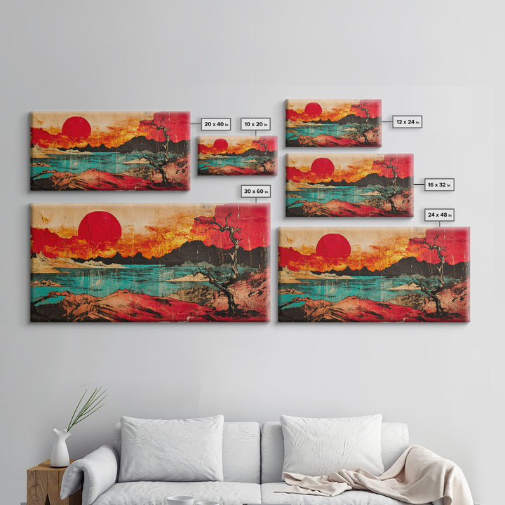 Red Sun Mountain Lake Wall Art, Japanese Sunset Landscape Canvas Print, Bold Desert Decor, Modern Living Room Statement Art