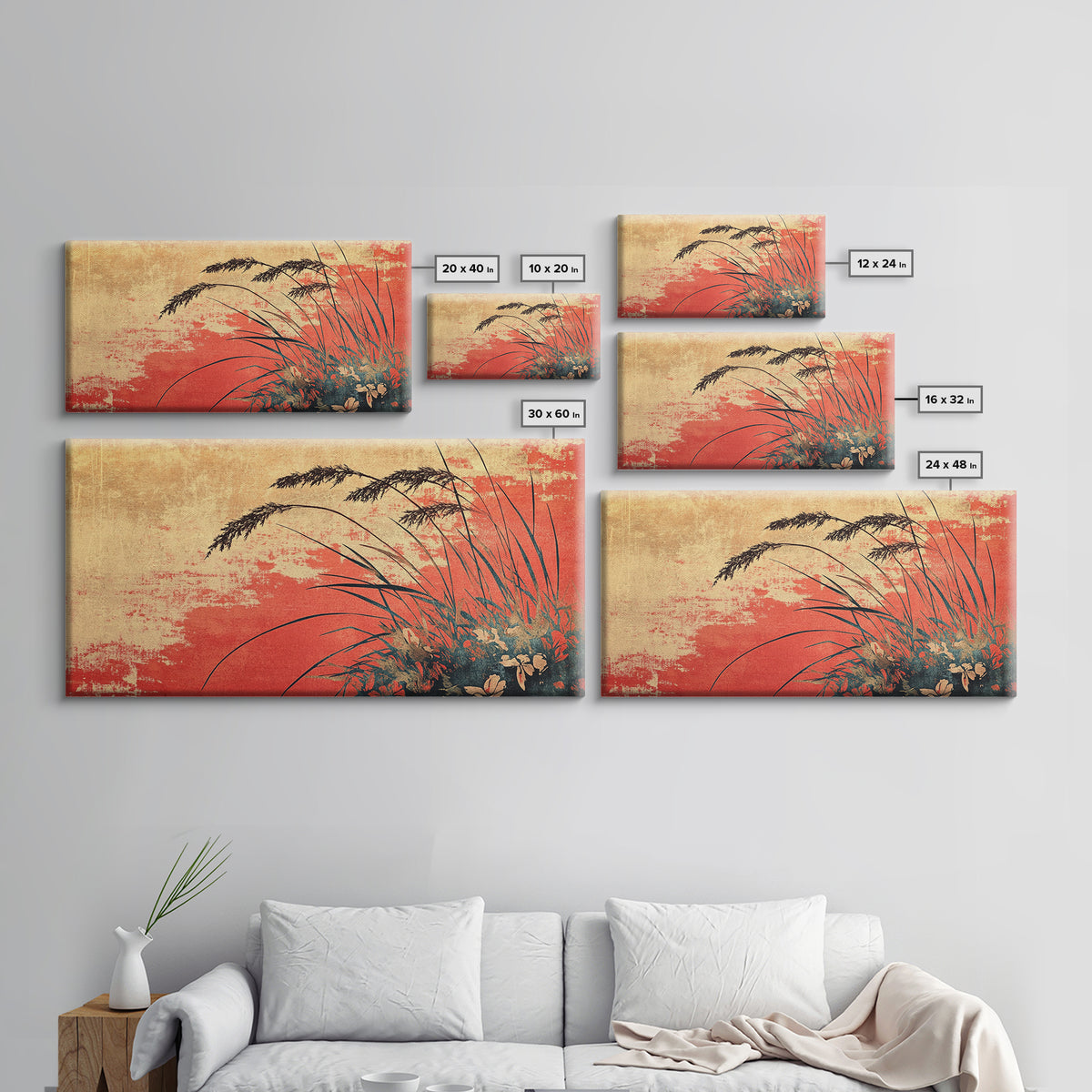 Red Sunset Grassland Wall Art, Botanical Landscape Canvas Print, Rustic Nature Decor, Warm Earth Tone Modern Living Room Art