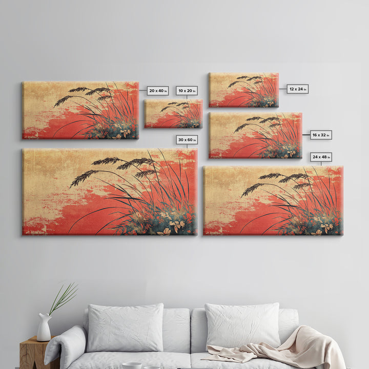 Red Sunset Grassland Wall Art, Botanical Landscape Canvas Print, Rustic Nature Decor, Warm Earth Tone Modern Living Room Art