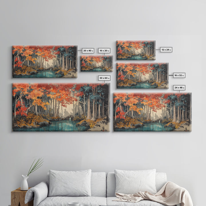 Autumn Forest River Wall Art, Japanese Landscape Canvas Print, Moody Woodland Decor, Large Living Room Wall Decor, Above Sofa Art