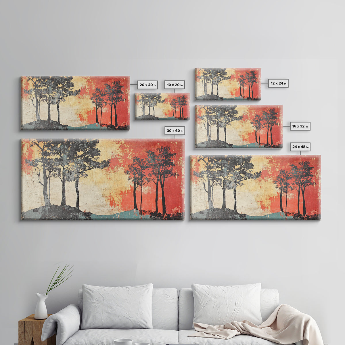 Silhouette Trees With Red Sky Wall Art, Abstract Landscape Canvas Print, Modern Rustic Decor, Wide Horizontal Wall Art Print