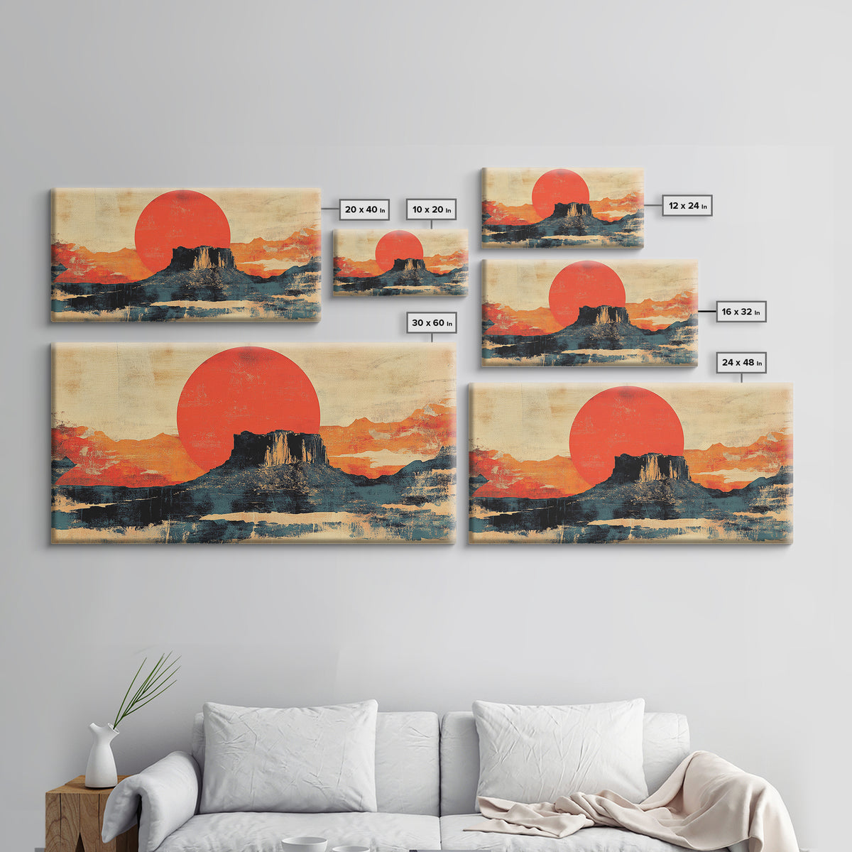 Desert Mesa Red Sun Wall Art, Southwestern Landscape Canvas Print, Modern Western Decor, Large Horizontal Living Room Art