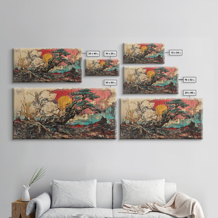 Ancient Pine Tree Sunset Over Misty Rocks Wall Art, Japanese Landscape Print, Zen Nature Decor For Calm Living Room Decor, Home Decor