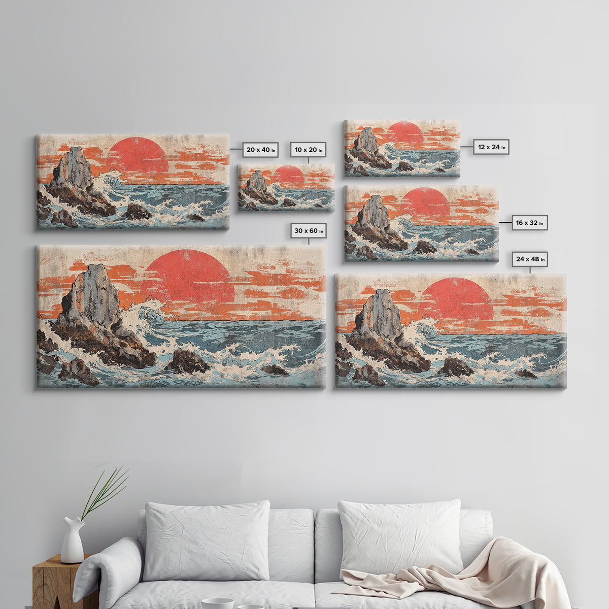 Rocky Ocean Cliffs With Red Sun And Crashing Waves Canvas Print, Japanese Coastal Wall Decor, Large Seascape Art, Living Room Wall Art