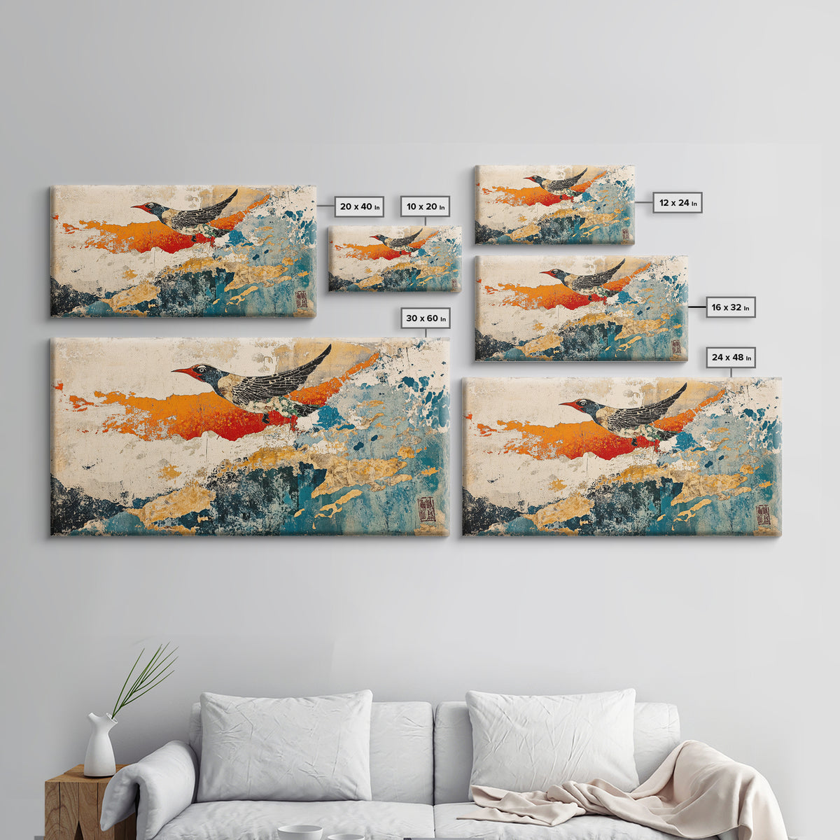 Black And White Bird In Orange Blue Abstract Sky Wall Art, Japanese Nature Print, Whimsical Animal Decor For Home Decor