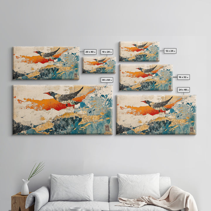 Black And White Bird In Orange Blue Abstract Sky Wall Art, Japanese Nature Print, Whimsical Animal Decor For Home Decor
